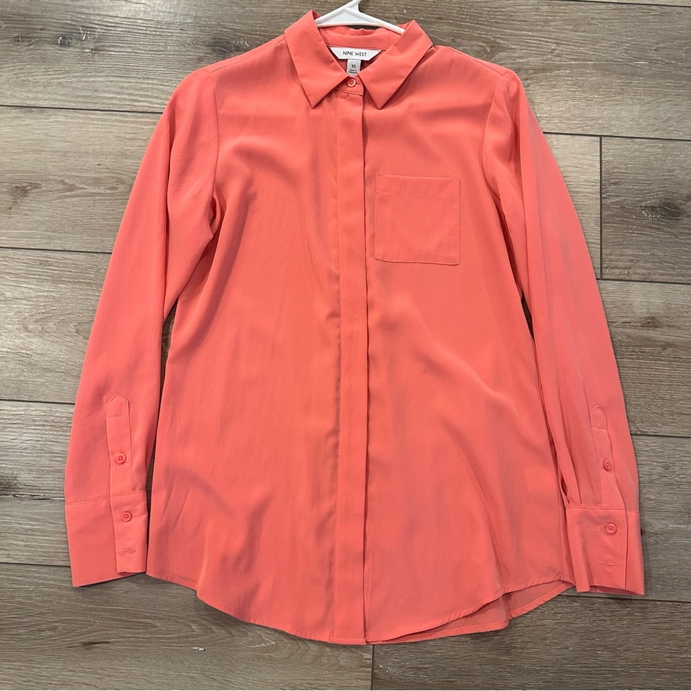 Nine West Long Sleeve Button Down Blouse in Coral Portofino Shirt Summer Top XS